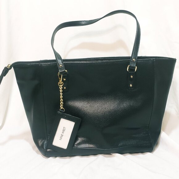 Nine West Black Satchel Handbag Purse Grommets Double Strap Bottom Stud 10" - Picture 6 of 9